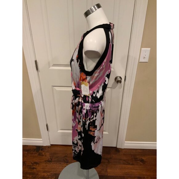 T Tahari Black & Pink Splatter Print W/ Ring Neck Dress, Size Large - Picture 5 of 7
